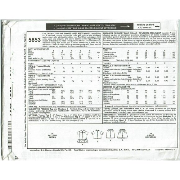 McCalls Sewing Pattern 5853 Childs Top Shorts Nautical Size 2 3 4 - Picture 2 of 2